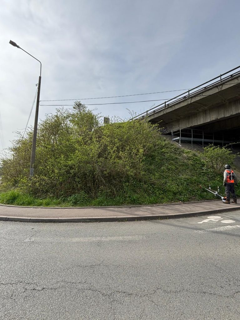Débroussaillage talus autoroutier A22 : compagnon des ETS Delestrez à la débroussailleuse portative au pied d'un talus embroussaillé sous ouvrage d'art
